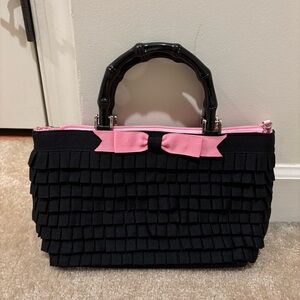 Braciano Black Ruffled Satchel Purse Pink Bow Bamboo-style Handle